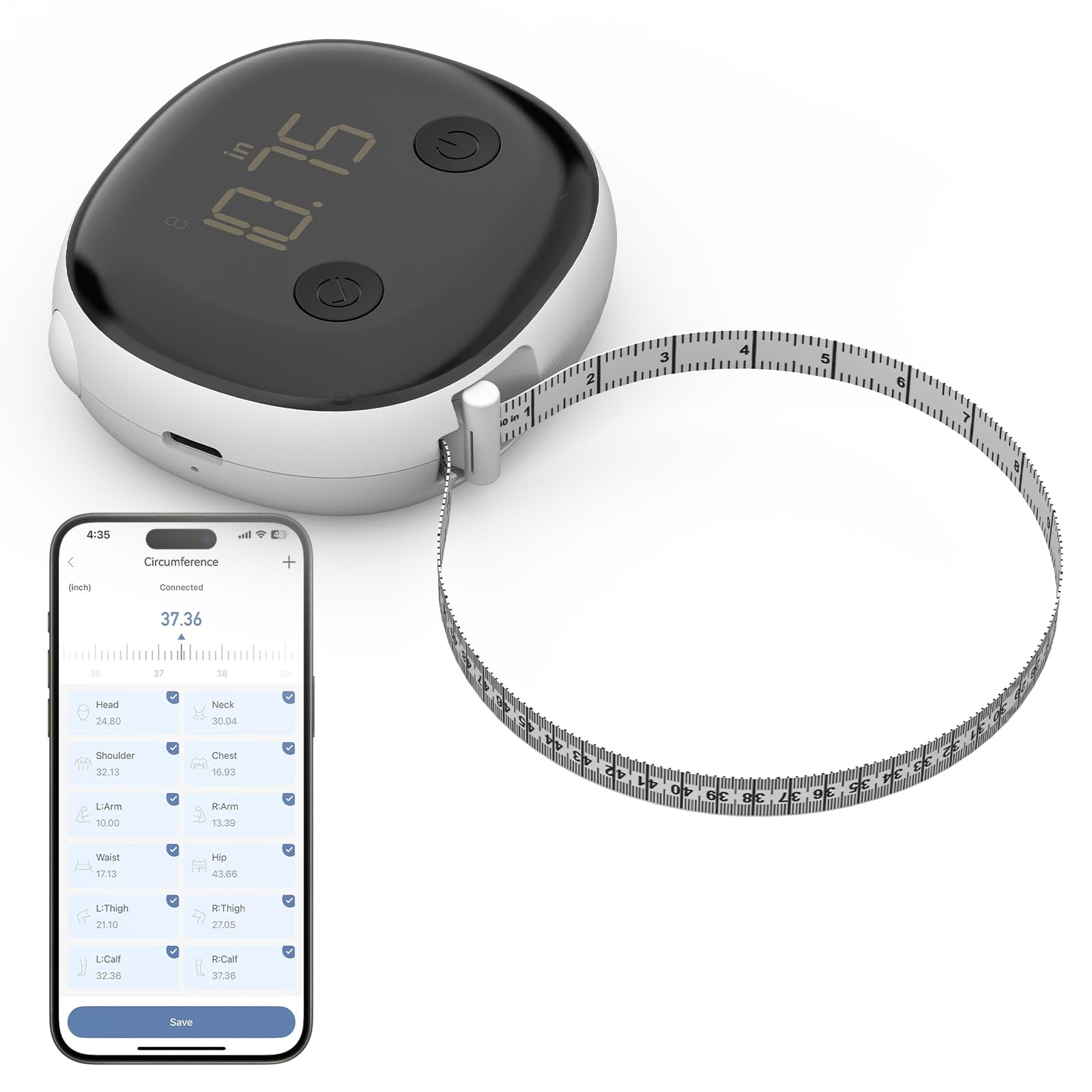 Healthkeep -Cinta Métrica Corporal Inteligente con Aplicación Móvil, Bluetooth, Recarga USB Type-C, Auto-Retráctil, Seguimiento de Medidas, Fitness y Desarrollo Muscular