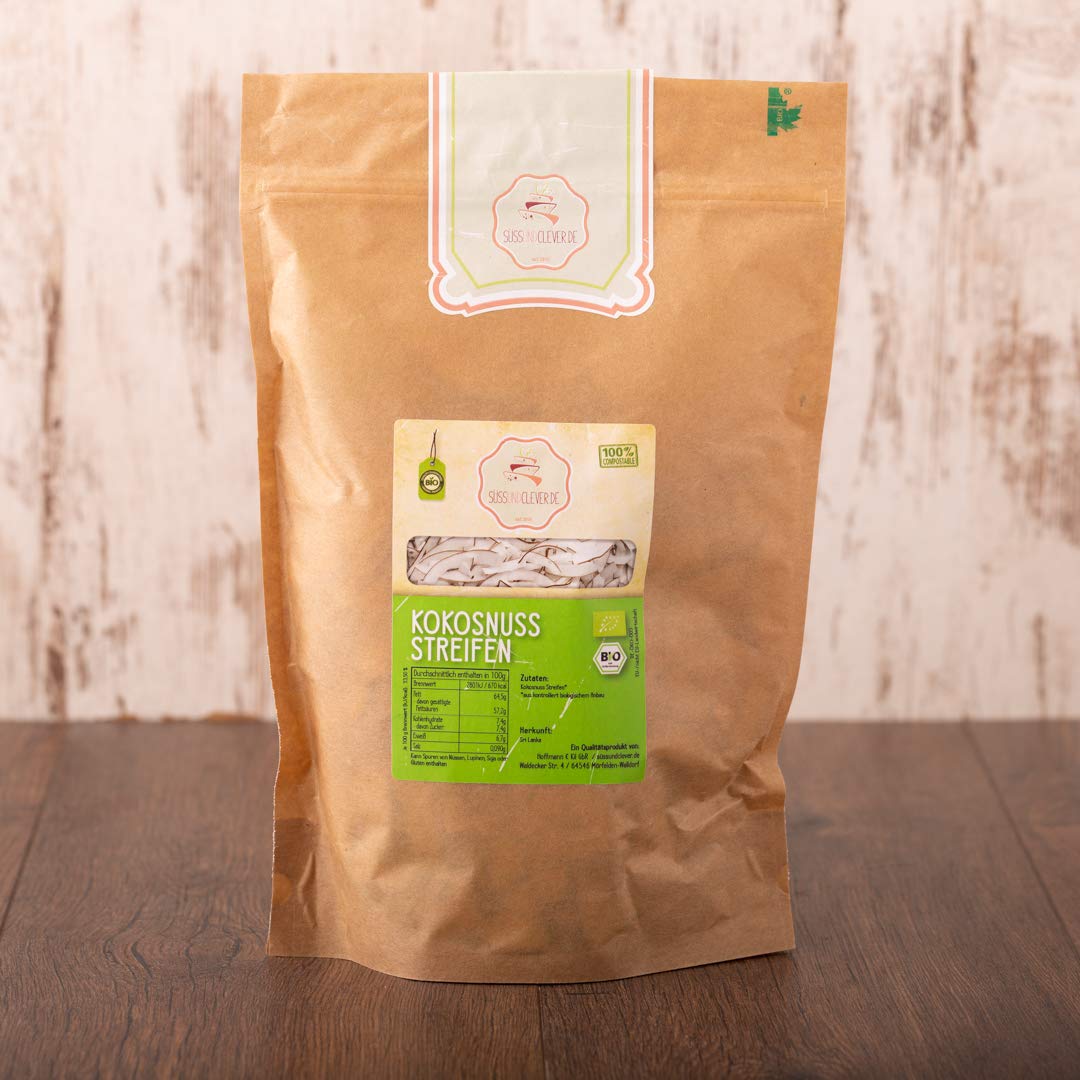 süssundclever.de® Kokosstreifen Bio | 1 kg ( 2 x 500g) | Premium Qualität: hochwertiges Naturprodukt | plastikfrei abgepackt in ökologisch-nachhaltiger Bio-Verpackung | Kokosnussstreifen