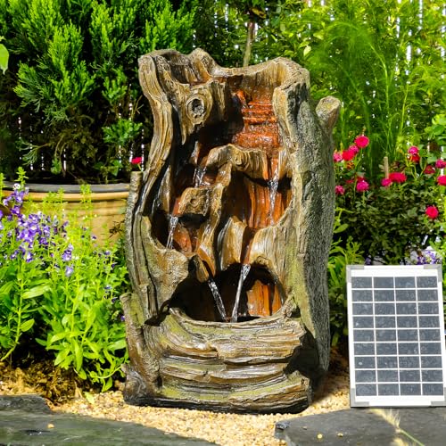 Bumilgar 62CM Baumstumpf Solar Garten Wasser Funktionen im Freien, Holz-Stil Garten Brunnen und Wasserfälle mit Licht, Pumpe für die Terrasse, Deck, Veranda, Hinterhof Home Décor, Brown & Green