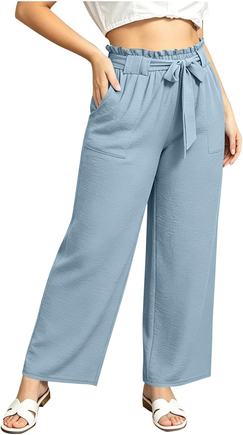 Women's Plus Size Pants Wide Leg Work Casual Palazzo Pants Elastic High Waisted Solid Dressy Trousers with Pockets