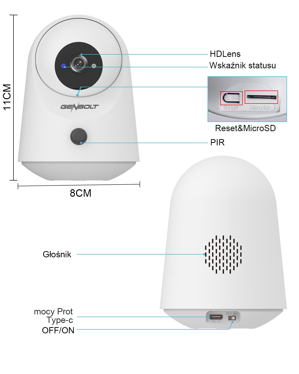 GENBOLT 2K Kameras Bezpieczeństwa WiFi Wewnętrzna, Pan Tilt Kamera dla zwierząt i bateria 5000 mAh, IP Kamera CCTV Niania Kamera dla psa Elektroniczna niania z detekcją PIR
