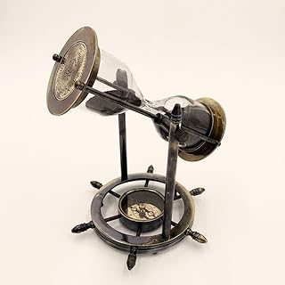 Solid Brass Stand Revolving and Timer 8 Inch Ship Maritime Wooden and Brass Sand Timer Hour Glass Sandglass Wheel Hourglass with Compass, Gift Item (Antique & Black)