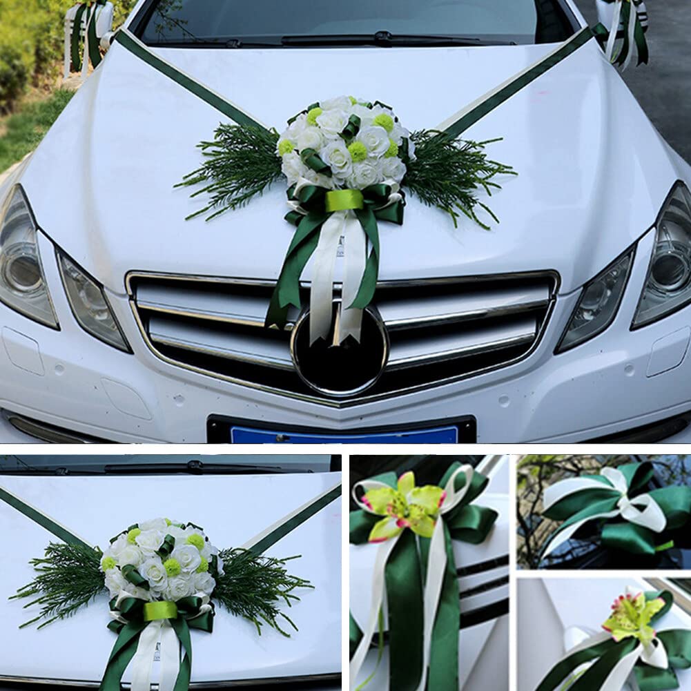 Surakey Décoration Voiture Mariage Fleurs Artificielles Vert Nœud Papillon Ruban Satin Décoration de Voiture de Mariage Romantique Roses Décoration de Voiture pour Mariée Fête de Mariage