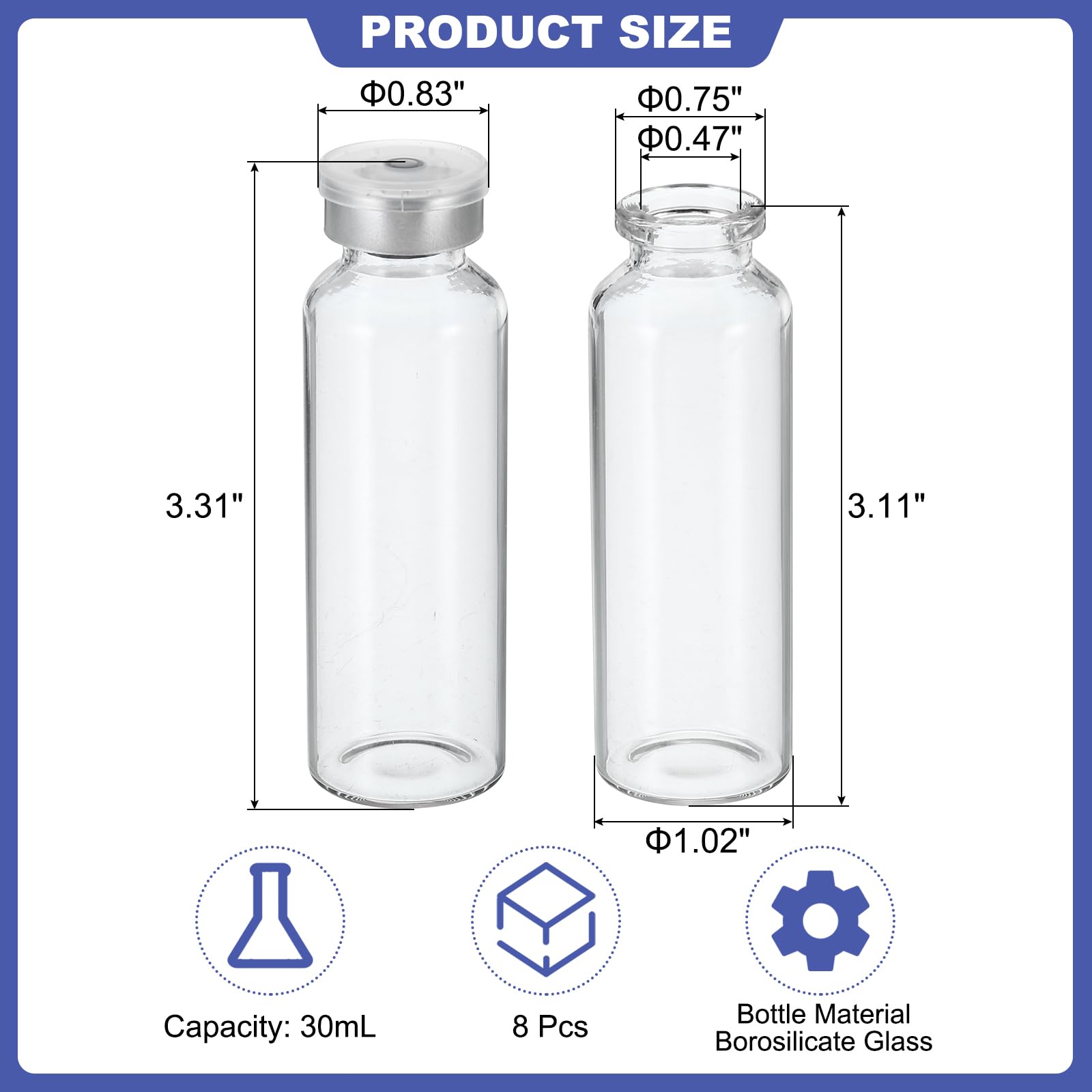 PATIKIL 30ml Fiale 8 Pacco Laboratorio Vuote Fiale con Butile Gomma Tappo e pinze Superiore Tappi Borosilicato Vetro Fiala Trasparente