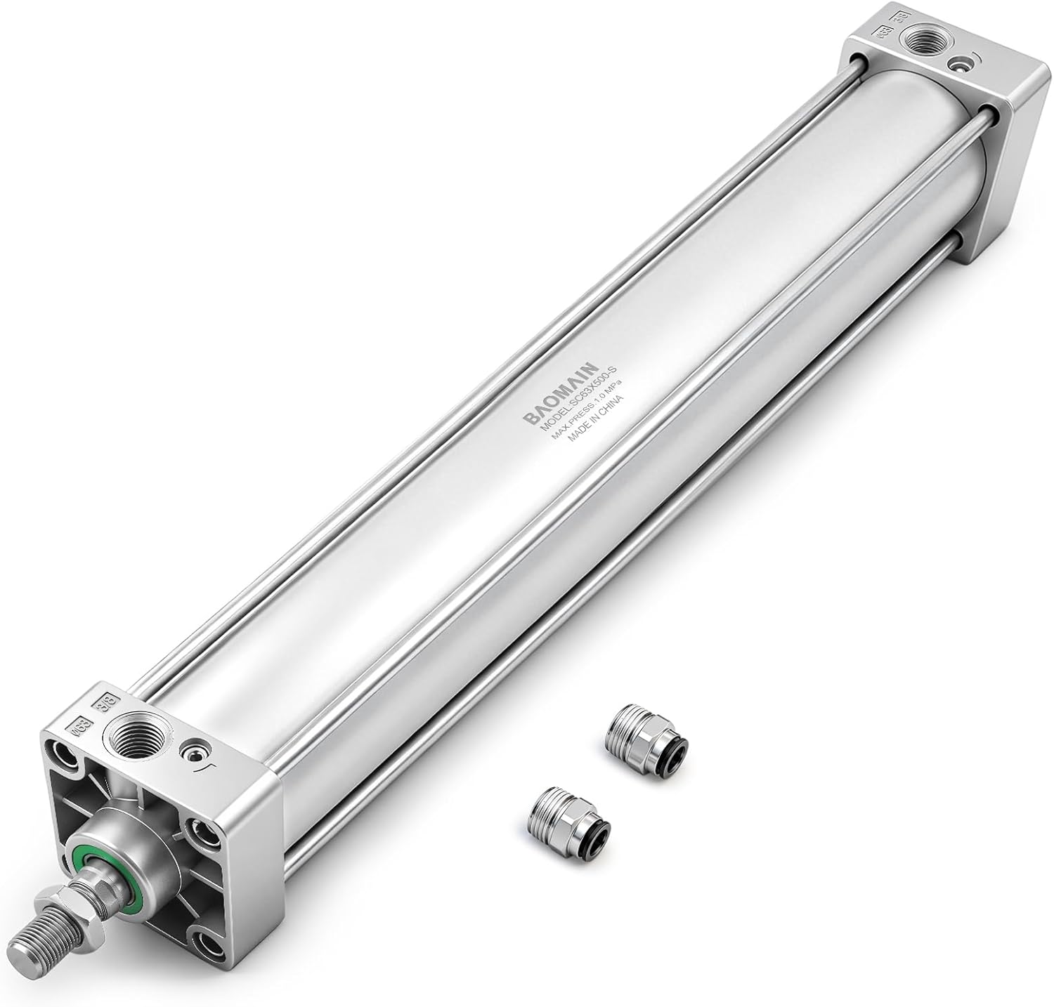Baomain Magnetic Pneumatic Air Cylinder SC-S 63 x 500, PT 3/8, 2-1/2" Bore, 19.68" Stroke, Single Rod Double Acting, M16x1.5 Threaded Rod, with 2X Push-in Fittings