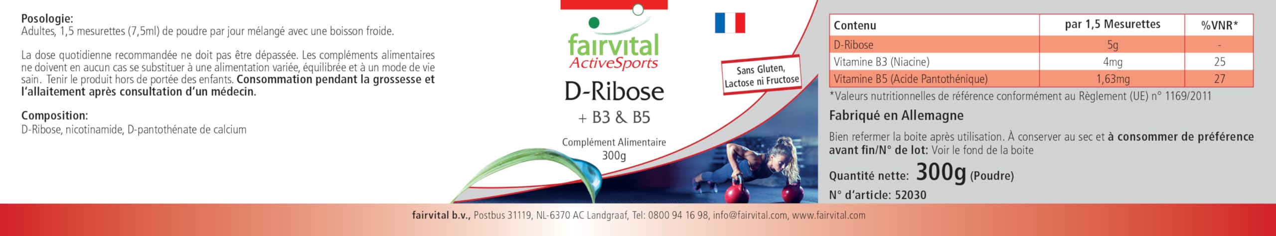 fairvital D-ribose en poudre, avec vitamine B3 (niacine) et B5 (acide pantothénique), Active Sports, VÉGÉTALIEN, 300 g
