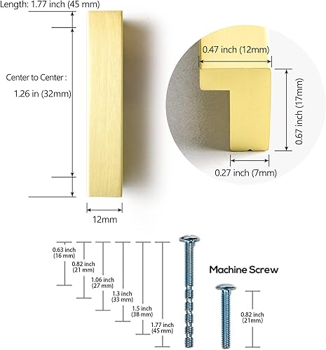 Miniatura 3 de Goo-Ki Manijas de gabinete, 12 unidades, tiradores de cajón de latón cepillado de 1-14 pulgadas (1.260 in), manijas de cajón sólidas inclinadas para