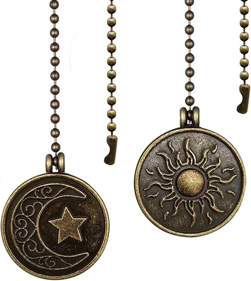 Ceiling Fan Pull Chain Sun Moon Pattern,2 Pcs 12 Inch Beaded Ball Pull Chain Extender Decorative With Connector, Newst Style Fan Light Pendant Extension Decor,Bronze
