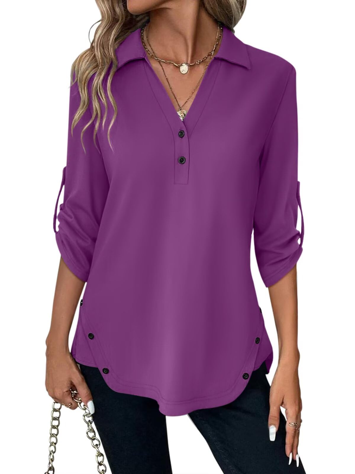 TICTICMISS Women's 3/4 Length Rolled Sleeve Tunic Tops Collared V Neck T Shirts Both Side Buttons Blouses