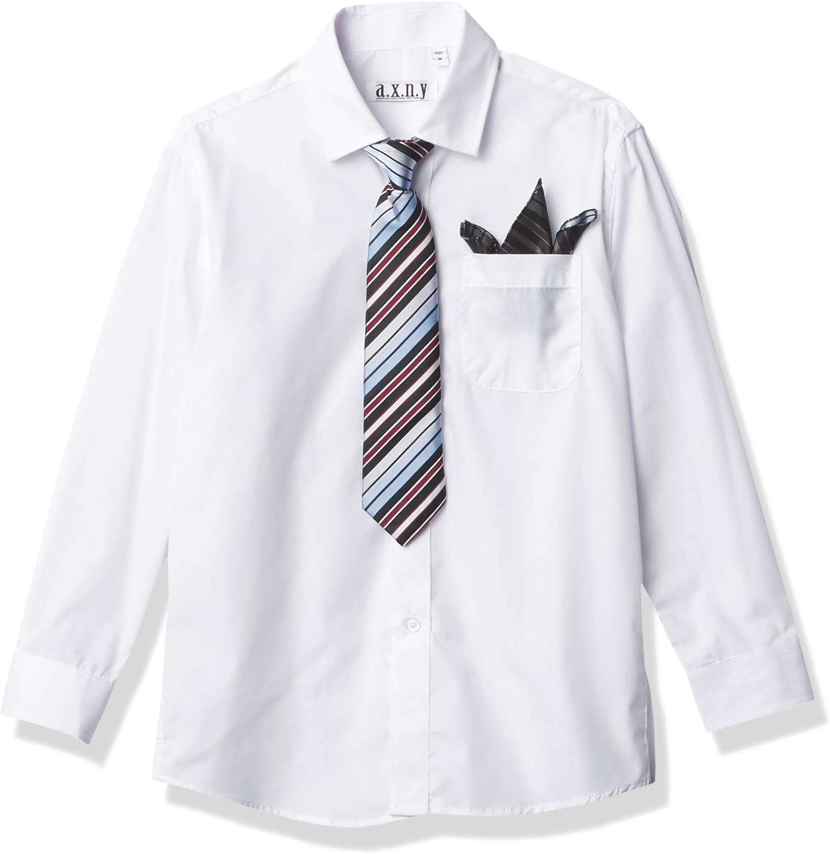 a.x.n.y Boys' Long Sleeve Button Down Shirt with Tie and Pocket Square Combo Set, White, 8