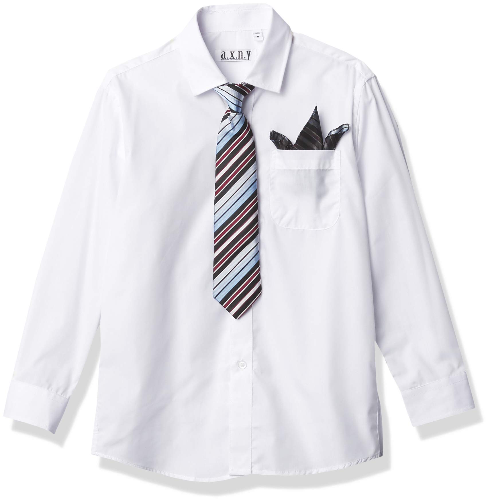 a.x.n.y Boys' Long Sleeve Button Down Shirt with Tie and Pocket Square Combo Set, White, 6