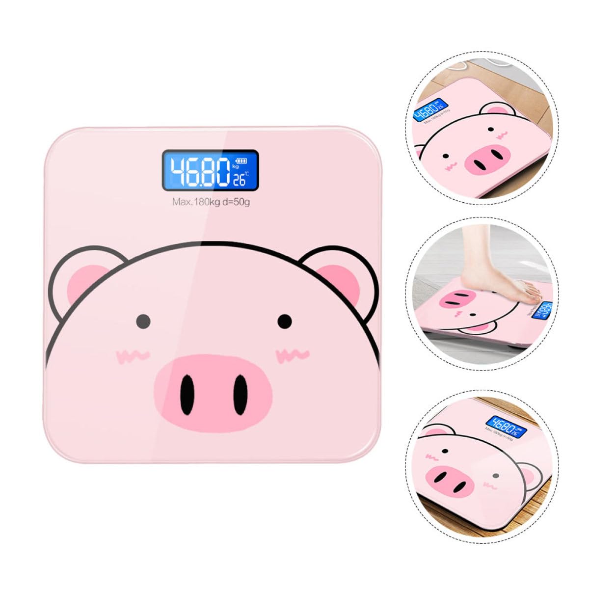 Báscula Electrónica de Peso Corporal Rosa Dibujos Animados | Cristal Templado Precisión de 2 Decimales Pantalla Lcd Nocturna Carga USB Batería