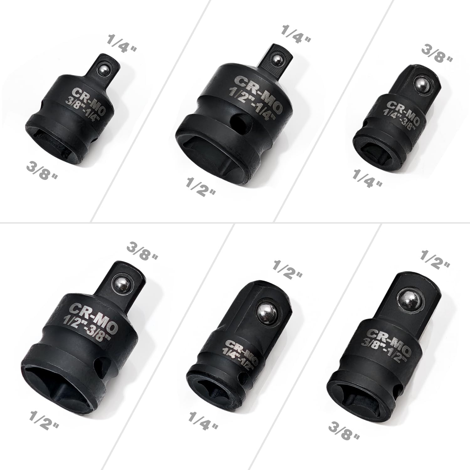 6PCS Impact Socket Adapter and Reducer Set,1/4", 3/8", 1/2" Impact Adapter Set Chrome Vanadium Steel Ratchet/Socket Conversion Kit (Impact-Black)