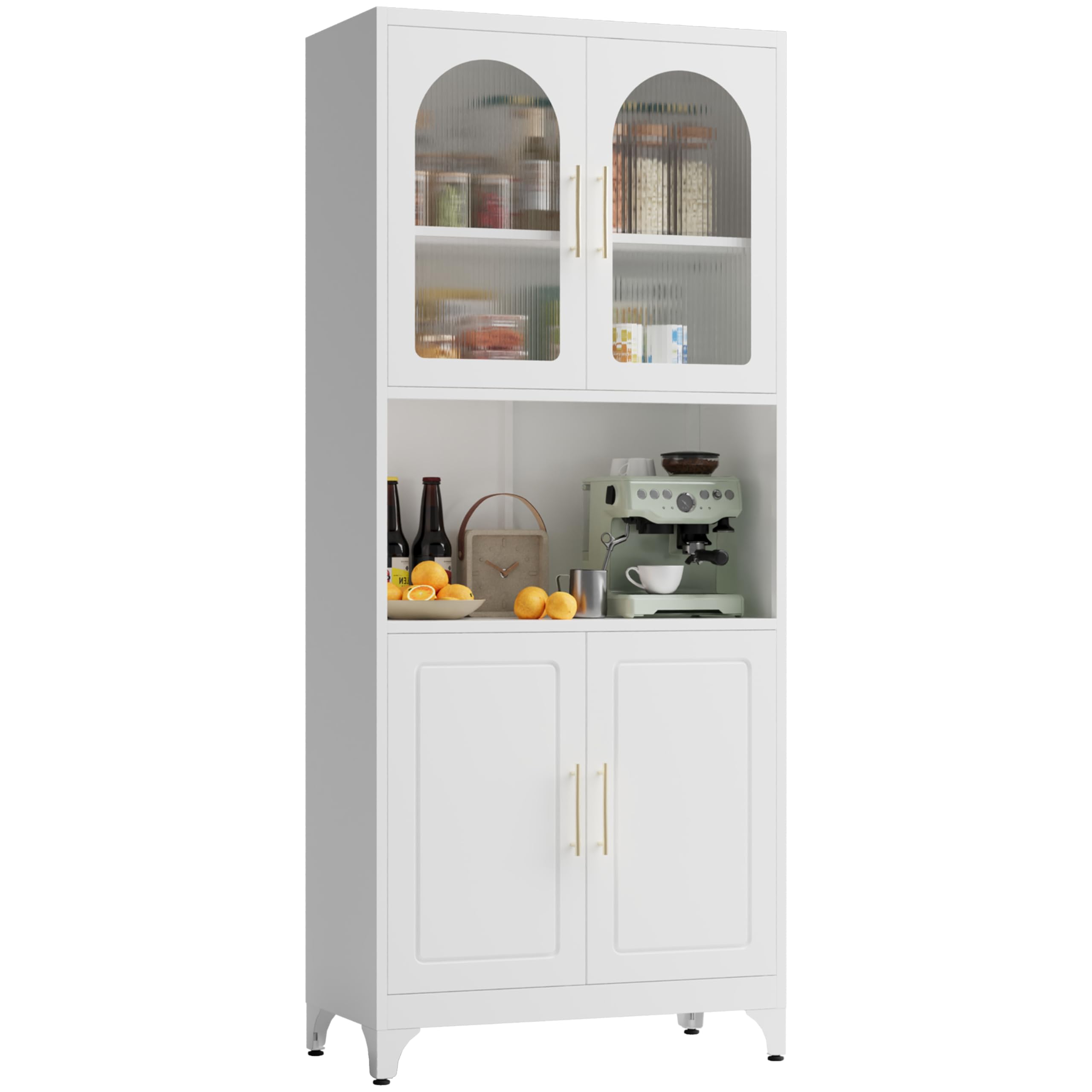 Kubohogar 75" Tall Kitchen Pantry Cabinet, Metal Storage Cabinets with Acrylic Doors and Adjustable Shelves, Hutch Cabinet with Storage, White
