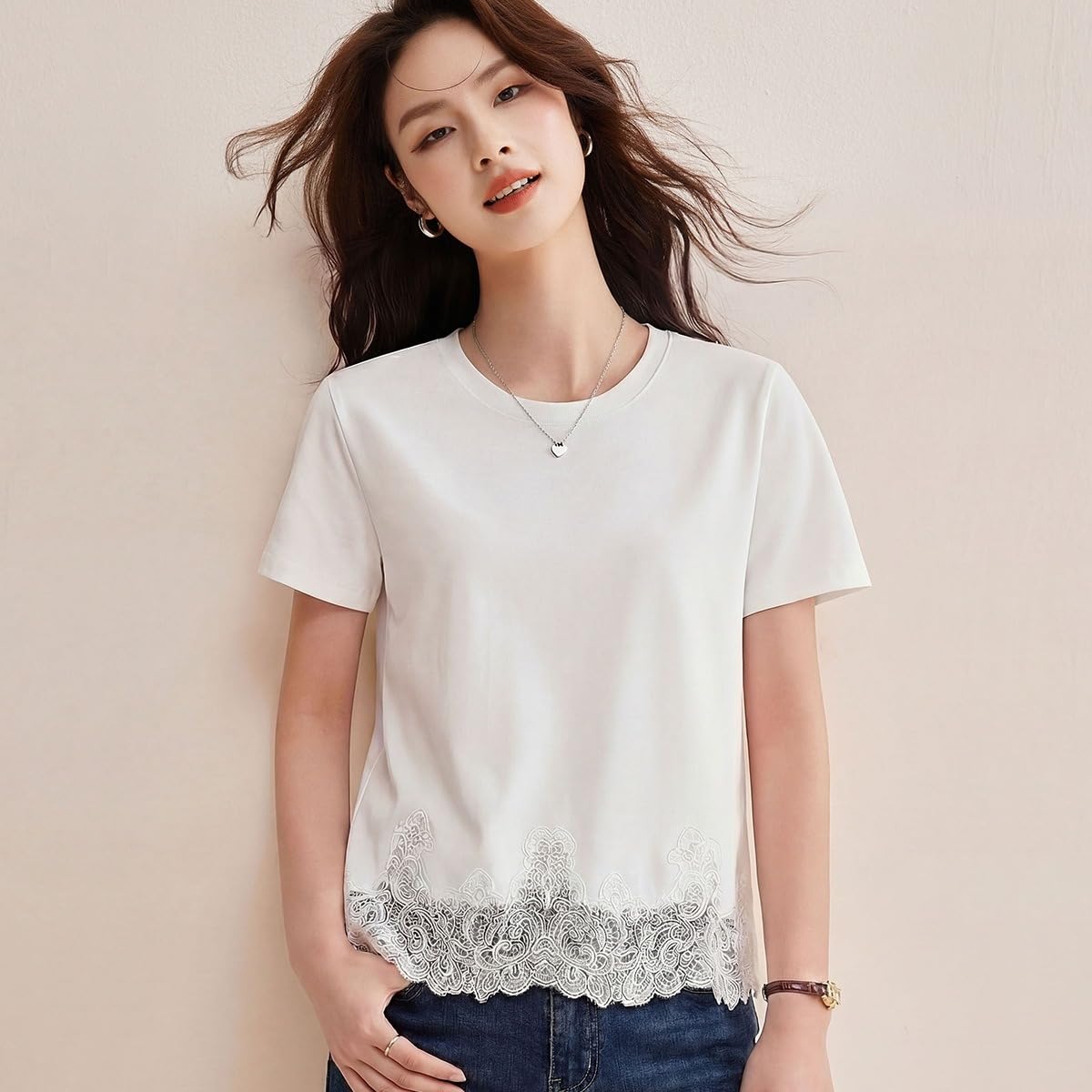 Top da donna girocollo in pizzo patchwork a maniche corte allentato