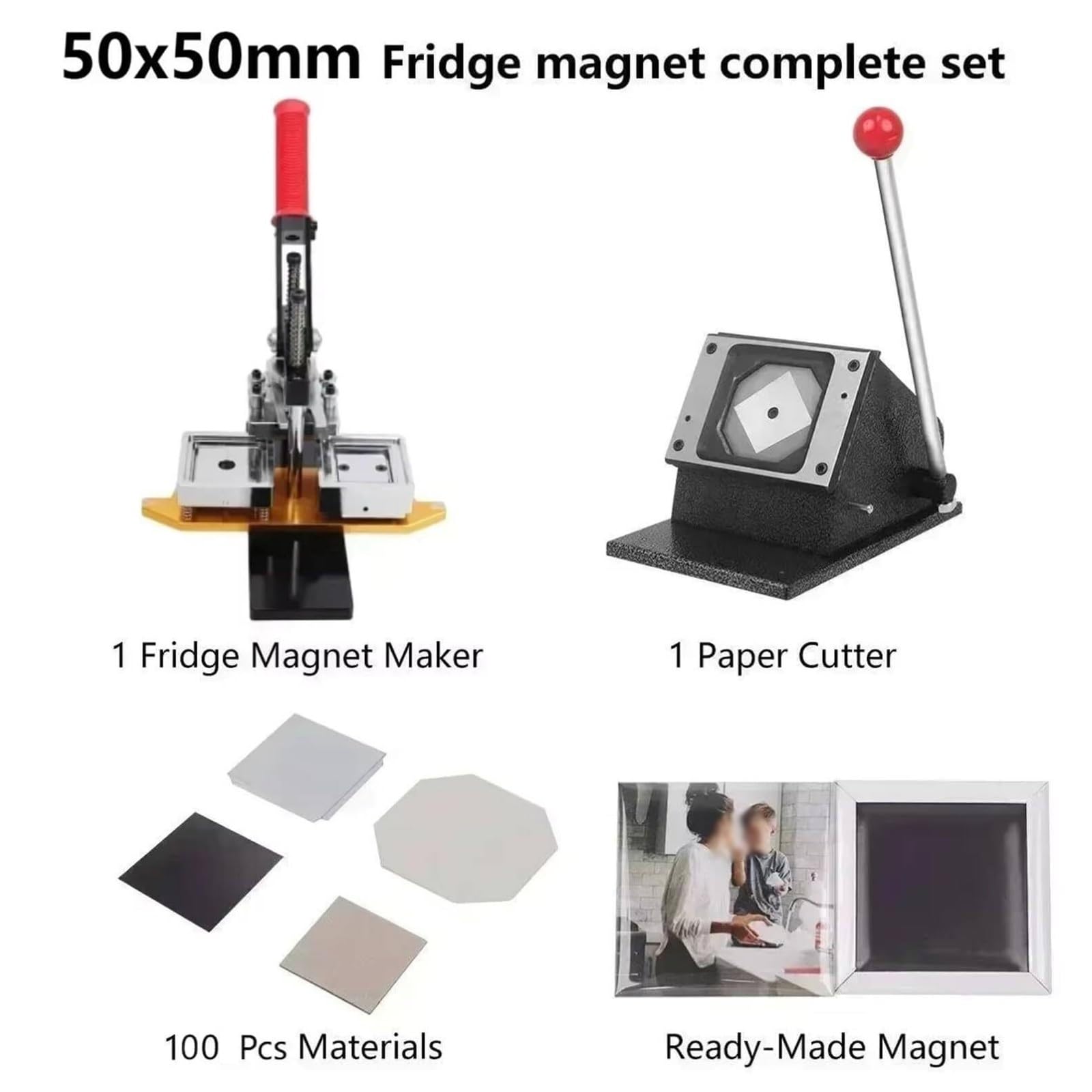 Zestaw do produkcji kwadratowych magnesów 2x2 cale, maszyna do robienia magnesów fotograficznych DIY ze 100 zestawami materiałów eksploatacyjnych i gilotynką do papieru,producent przypinek z guzikami
