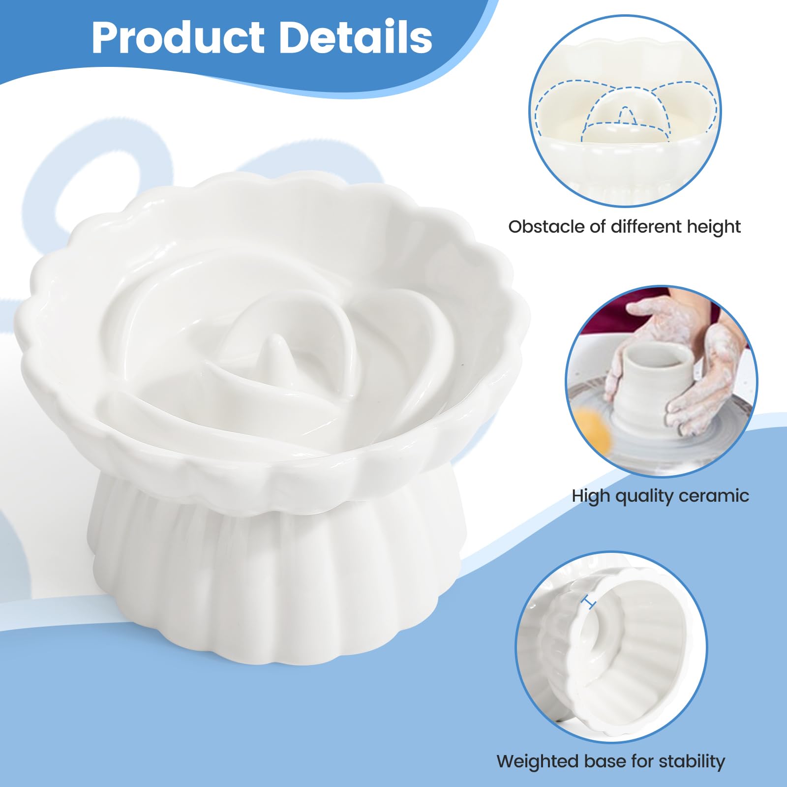 Gamelle Anti Glouton Chat Céramique Surélevée, Bol Chat Fleur Anti Vomissement pour Alimentation Lente (Blanc)