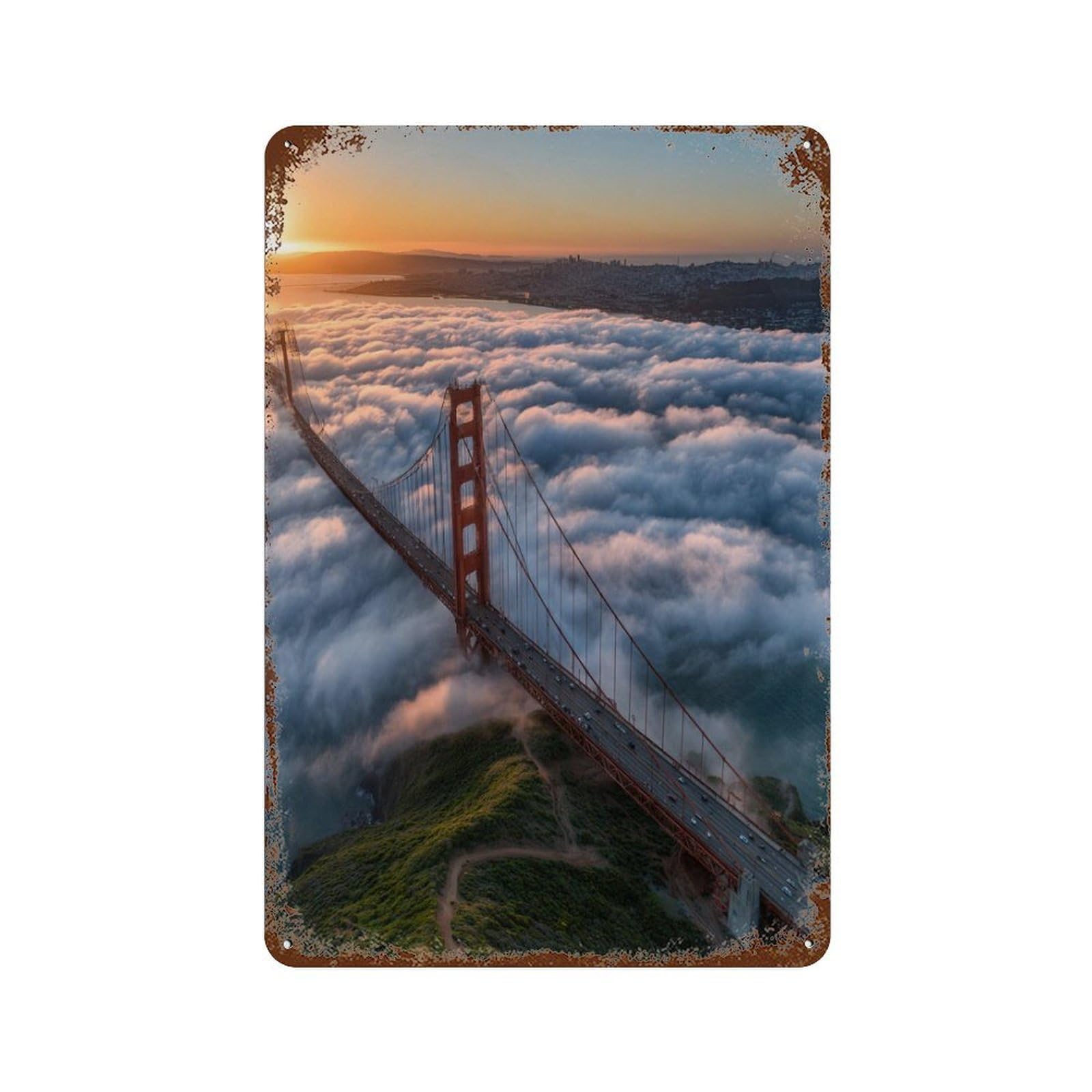 Rust Effect Golden Gate Bridge in Fog Rustic Tin Plaque 11.8"x7.9", Classic Wall Plaque for Shed, Workshop And Garage Wall Decor
