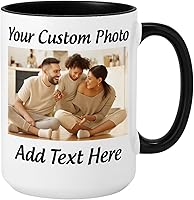 Personalized 15oz Ceramic Coffee Mug - Custom Photo, Text, Name Upload | Black Handle, Microwave Safe Novelty Gift