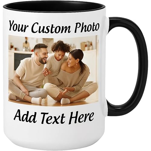 Customized 15oz Ceramic Coffee Mugs with Personalized Text and Photo Image Upload Novelty Gift, Personalize With Different Design And Images, Custom Gift (Black)