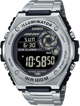 Casio LED Illuminator Mens Quartz Digital Watch with Day/Date Display 100M Waterproof 5 Alarms MWD-100HD-1BV, Black, Modern