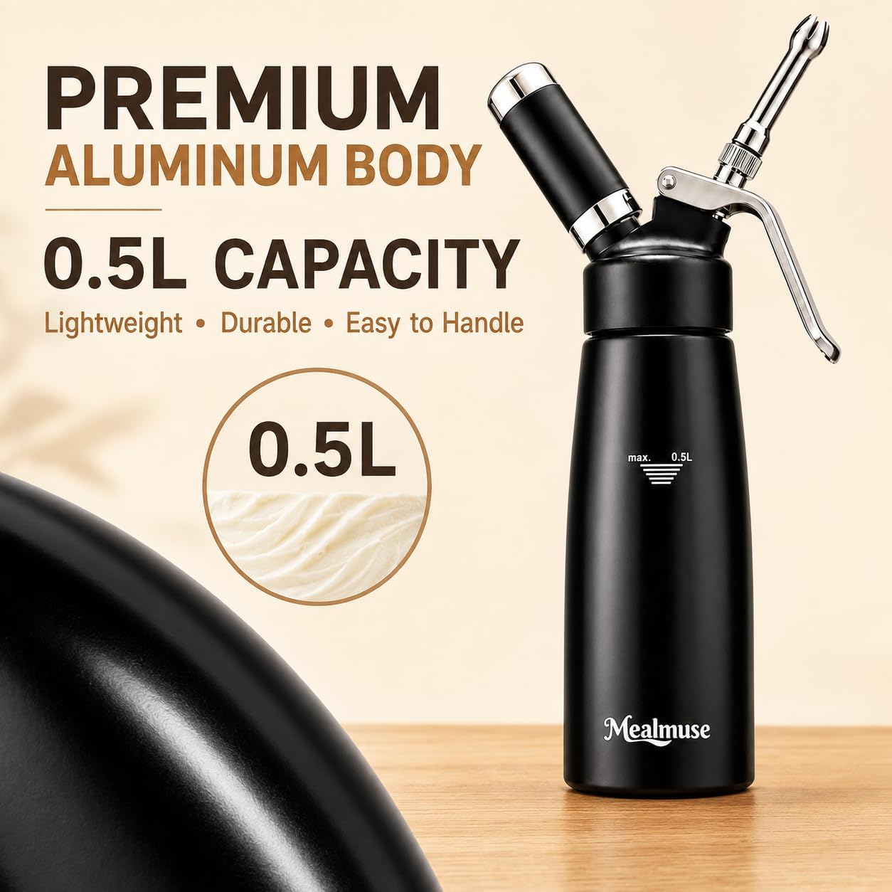 Whipped Cream Dispenser 500ml, Aluminum Cream Whipper & Whipped Cream Maker with 5 Stainless Steel Decorating Tips, 1 Pint, Black