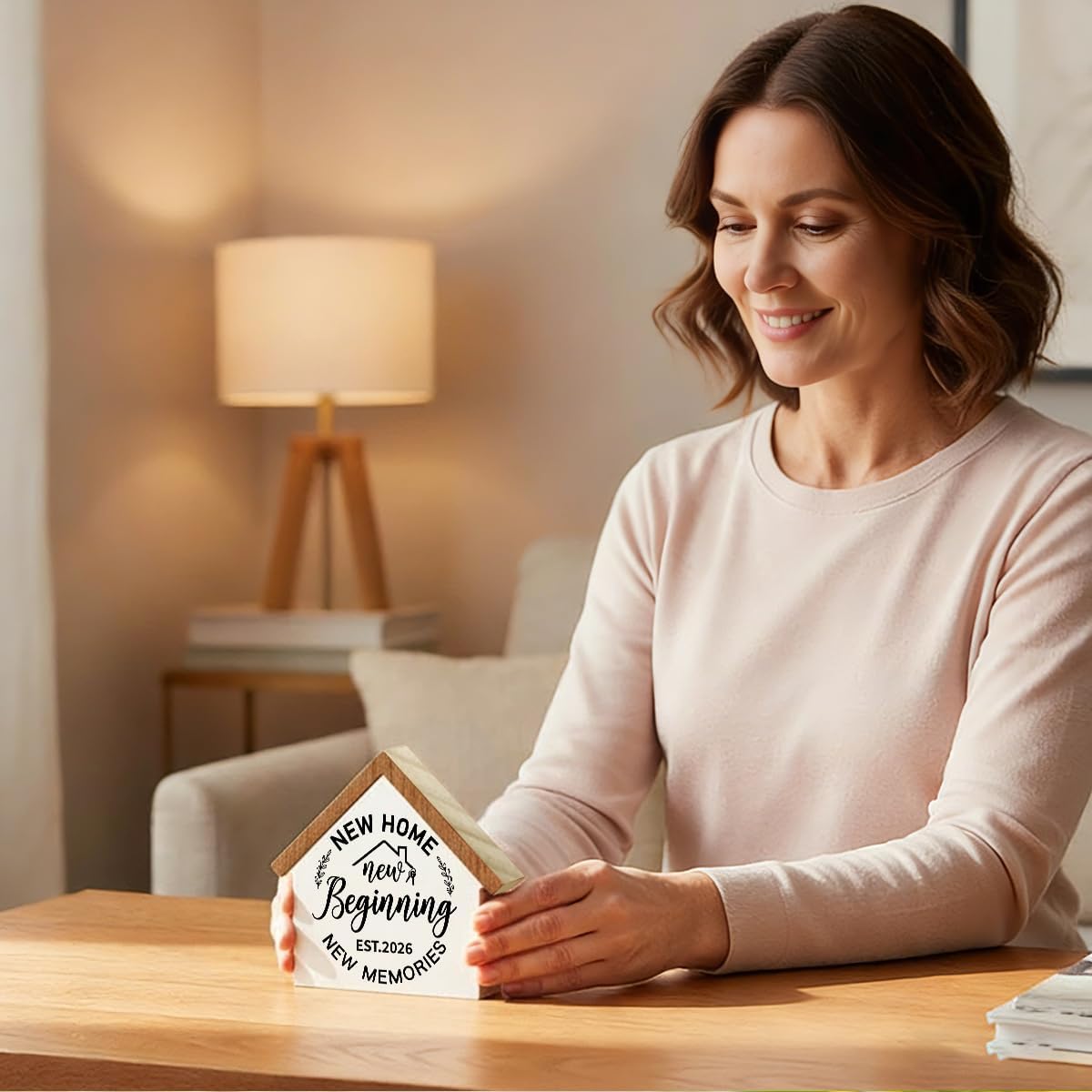 Home Sweet Home Sign 2026 Housewarming Gifts New House Decor New Beginnings Gift House Shaped Wooden Block Sign for Farmhouse Office Living Room image 3