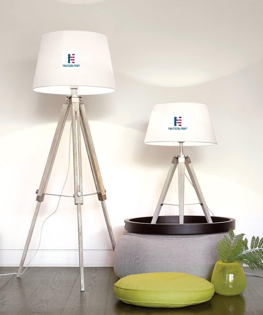 Natural Teak Wooden Tripod Table Lamp Classical Industrial Floor Lamp- Set of Two (Shade Not Included)