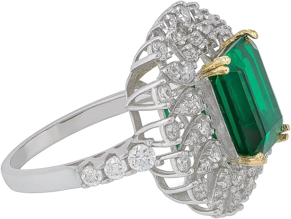 Sterling Silver Emerald Cut Green Emerald Ring with White Cubic Zirconia Halo, 14K White Gold Plated – Sizes 4 to 11