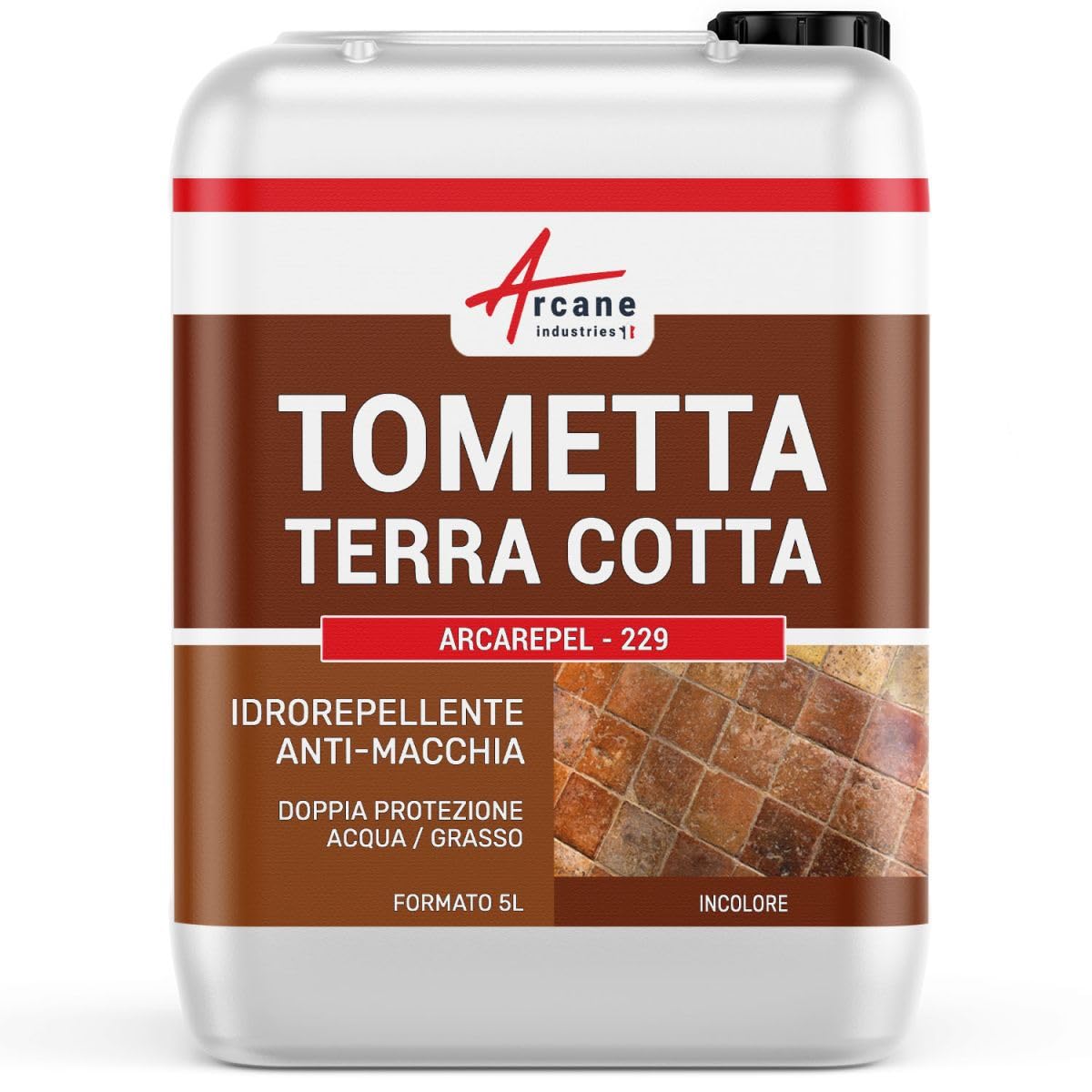 Idrorepellente per cotto esterno, piastrelle in cotto, pavimenti in terracotta. Incolore e antimacchia ARCAREPEL - 229-5 L (fino a 25 m²) - ARCANE INDUSTRIES