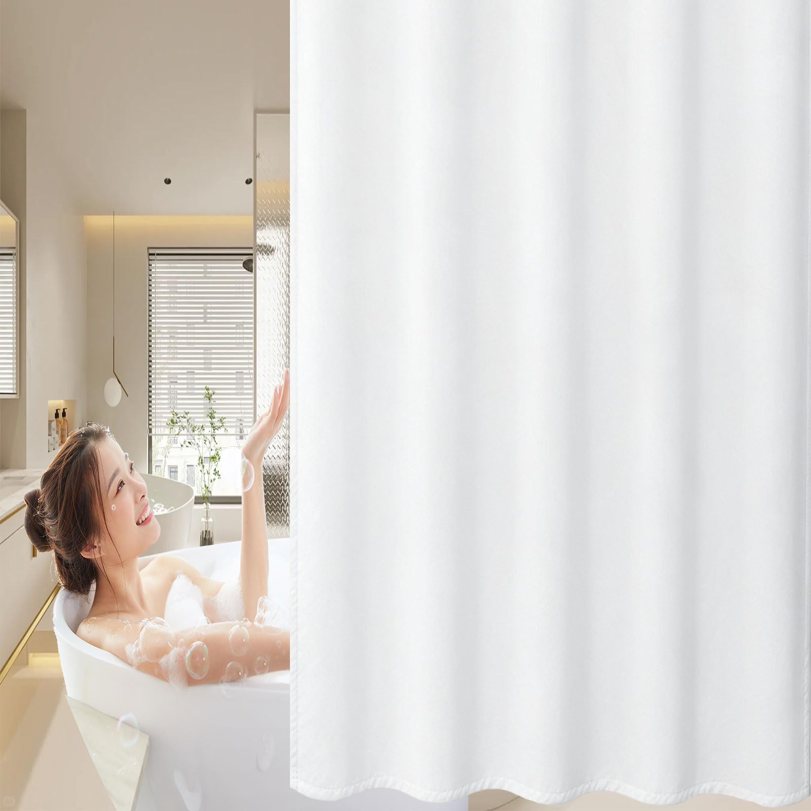 Rideau Douche 180 x 220 cm Tissu Polyester, Lavable en Machine Rideaux de Douche Modern avec Œillets et Crochets pour Baignoire, Salle de Bain, Blanc