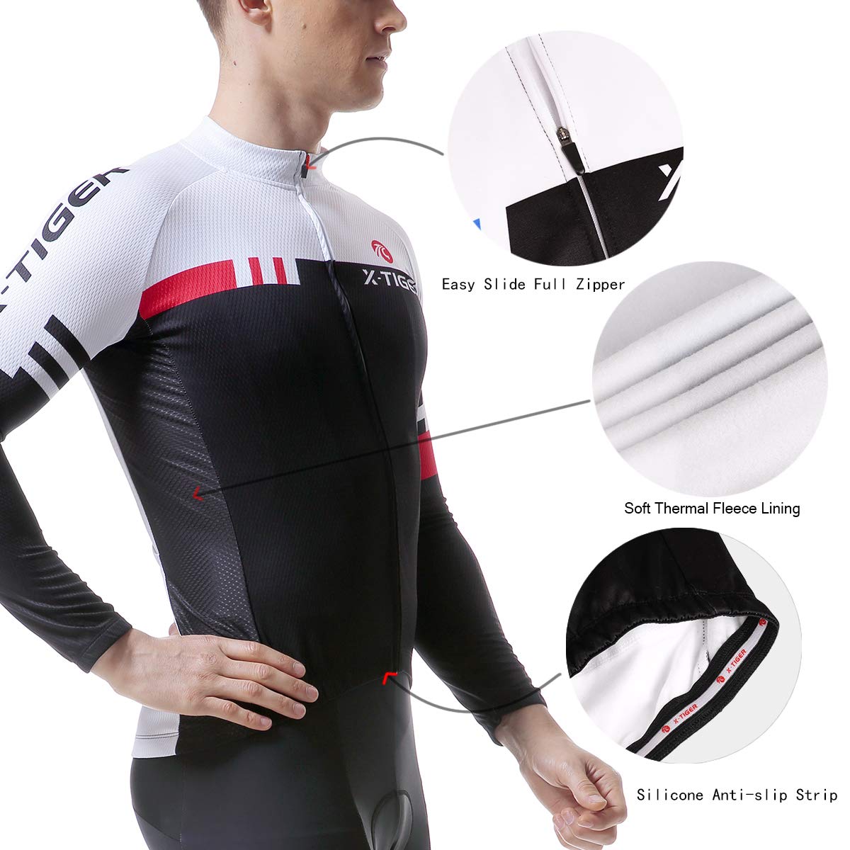 X-TIGER Ciclismo Inverno Termico Vello Completo Giacca Maglia Maniche Lunghe Maglietta Manica da Uomo 5D Gel Pantaloni Lunghi con Pettorina Set di Abbigliamento Ciclista