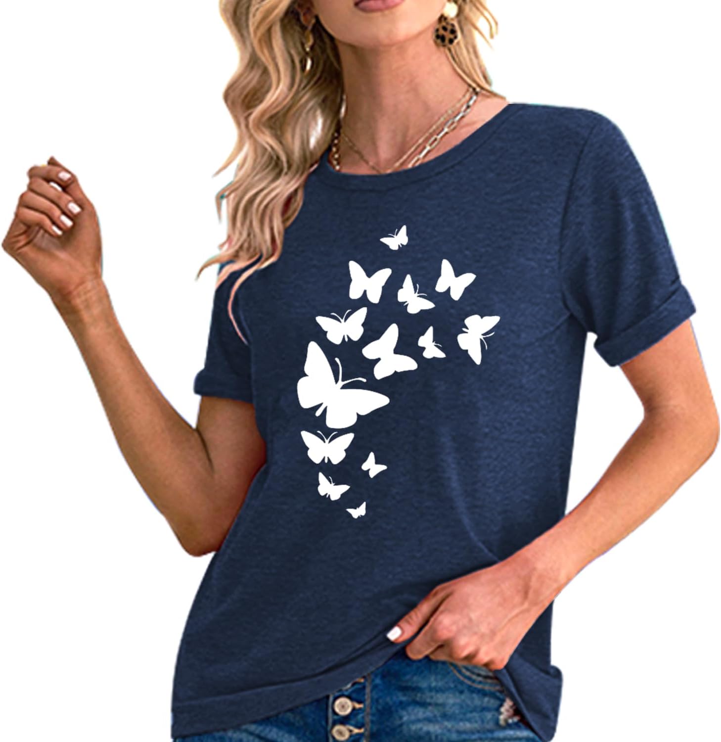 Butterfly T-Shirts for Women - Butterfly and Flowers Print Casual Short Sleeve Top for Insect Lovers - Image 2