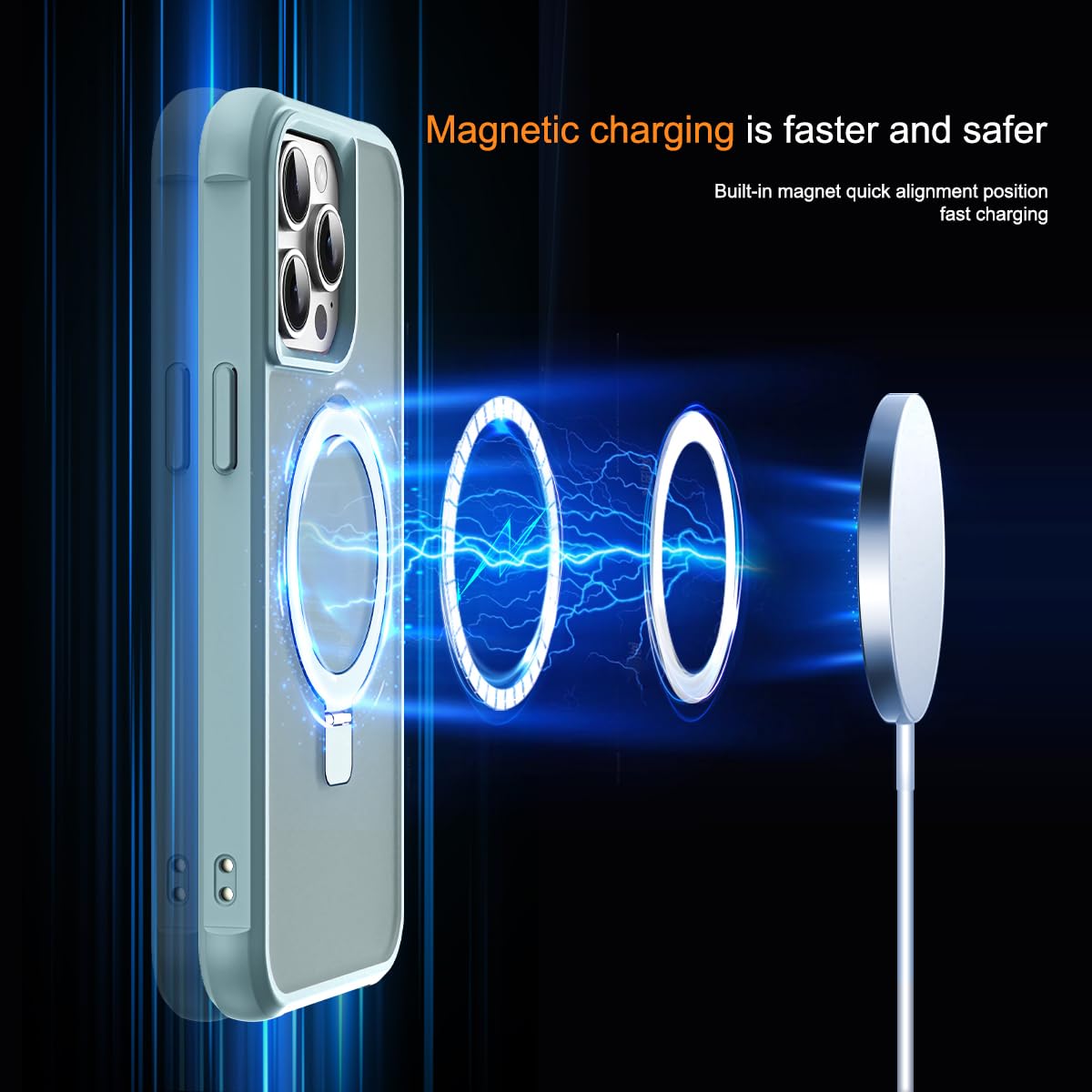 SKYLMW Funda translúcida compatible con iPhone 12 Pro Max y iPhone 13 Pro Max de 17 cm, con soporte magnético redondo invisible, compatible con MagSafe, excelente agarre, azul
