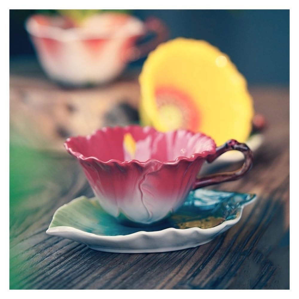 Becher, Tasse, Kreative Pastorale handbemalte Emaille-Farbtasse, Keramiktasse, blumenförmige Kaffeetasse mit Tassenteller und Löffel,Kaffeebecher