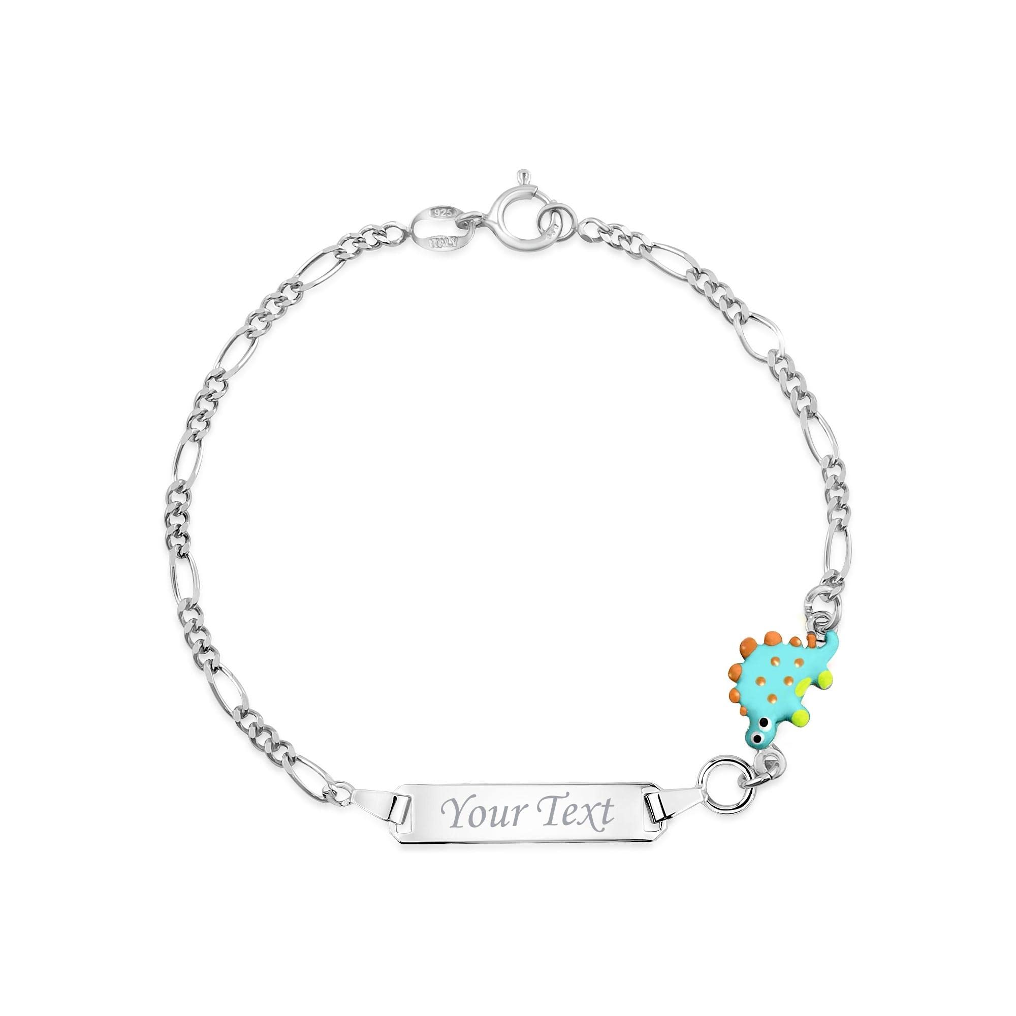UNICORNJ 925 Italy Sterling Silver Child or Baby Name Bracelet Girls Boys, Personalized Engraved Kids ID Bracelets, 6.5" Figaro Chain, Enamel Charm Newborn Infant Toddler Kid Jewelry