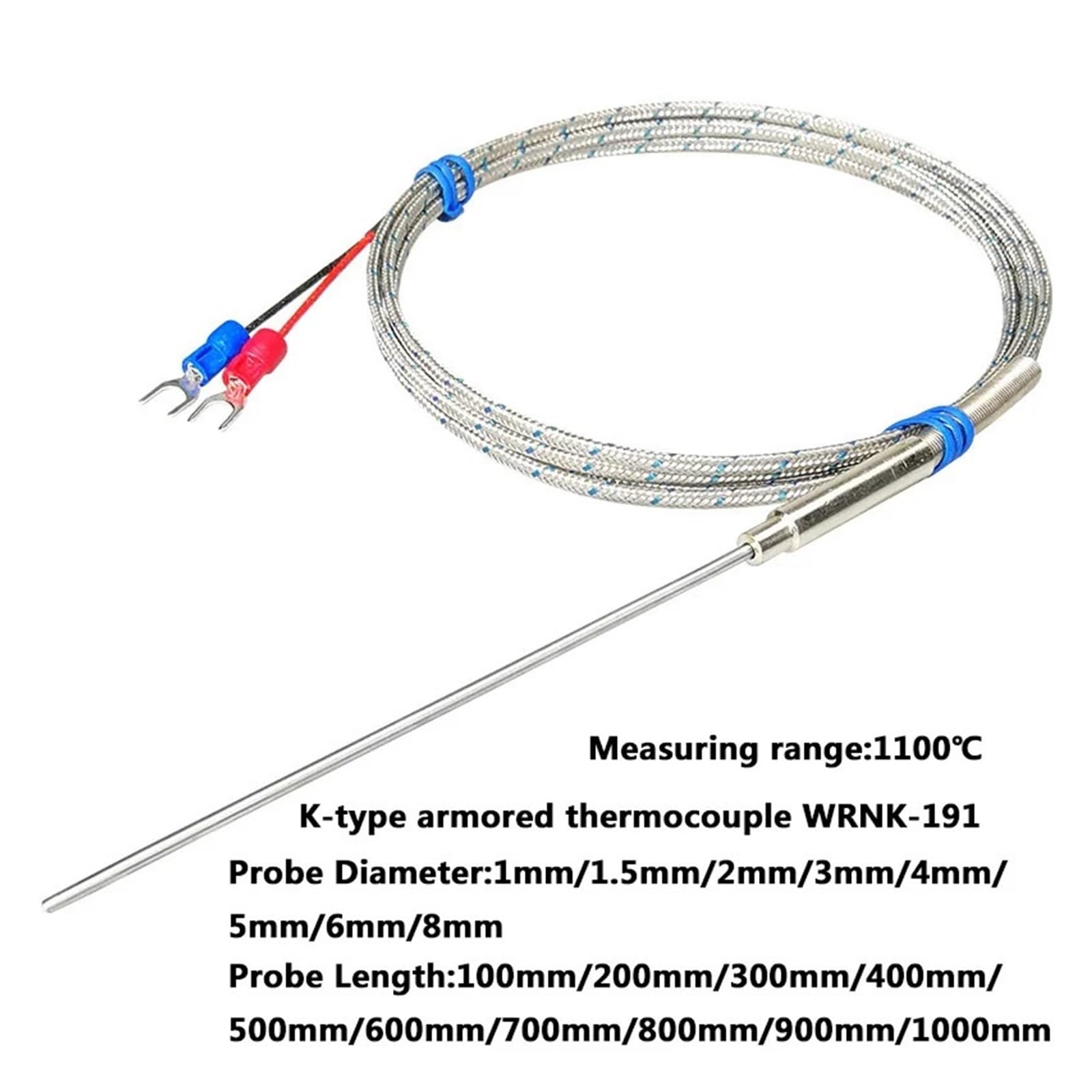 Sensor de temperatura de acero inoxidable termopar Sensor de temperatura de WRNK-191 termopar blindado tipo FS 1100 ℃ K 1mm 1,5mm 2mm 3mm 4mm 5mm 6mm Sonda de temperatura de termopar(Probe diam 0.5X10