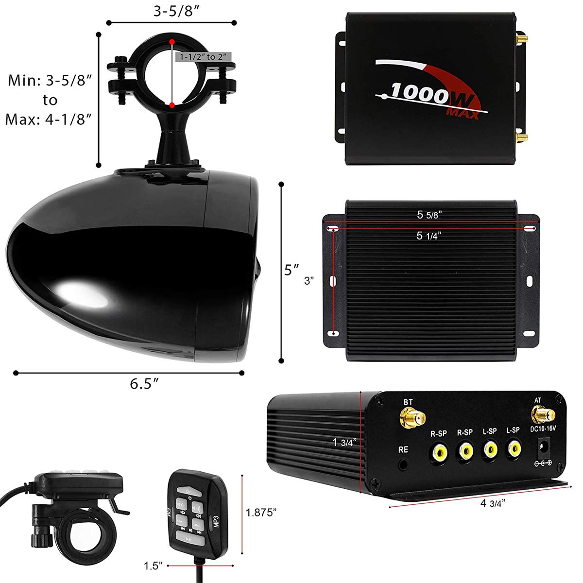 4 Canales de Motocicleta Amplificador 5 "de Alcance Completo Sistema de Altavoces estéreo Bluetooth Amplificador de Audio con AUX USB SD FM Radio para 1,5" a 2 "ATV UTV Can-Am Polaris Jeep