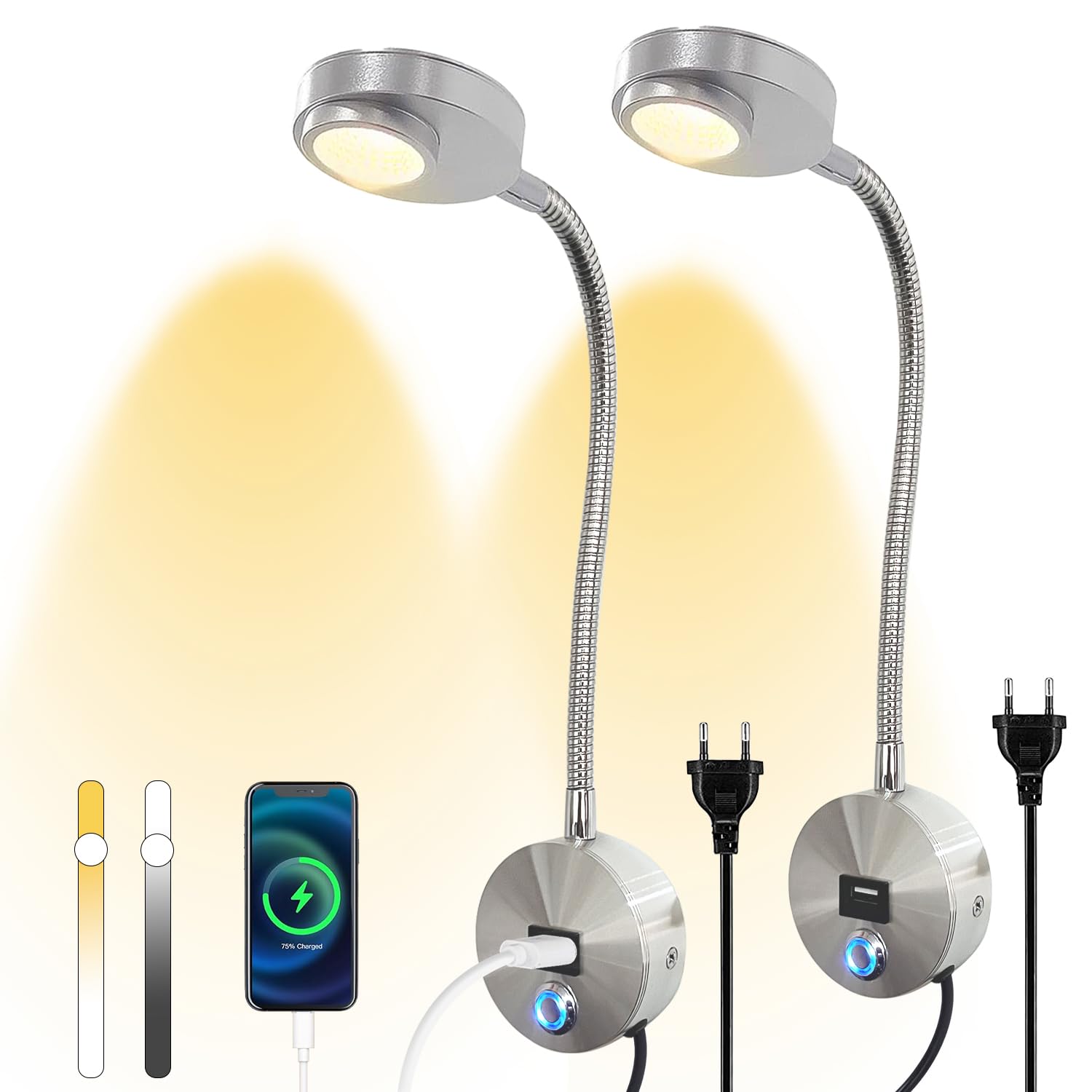 2 Stück Leselampe Wandmontage LED Wandleuchte mit Touch Control Dimmbar und USB-Ladeanschluss Nachttischlampe 360° Schwenkbar Schwanenhals Lampe Bettlampe mit Stecker und Kabel für Schlafzimmer