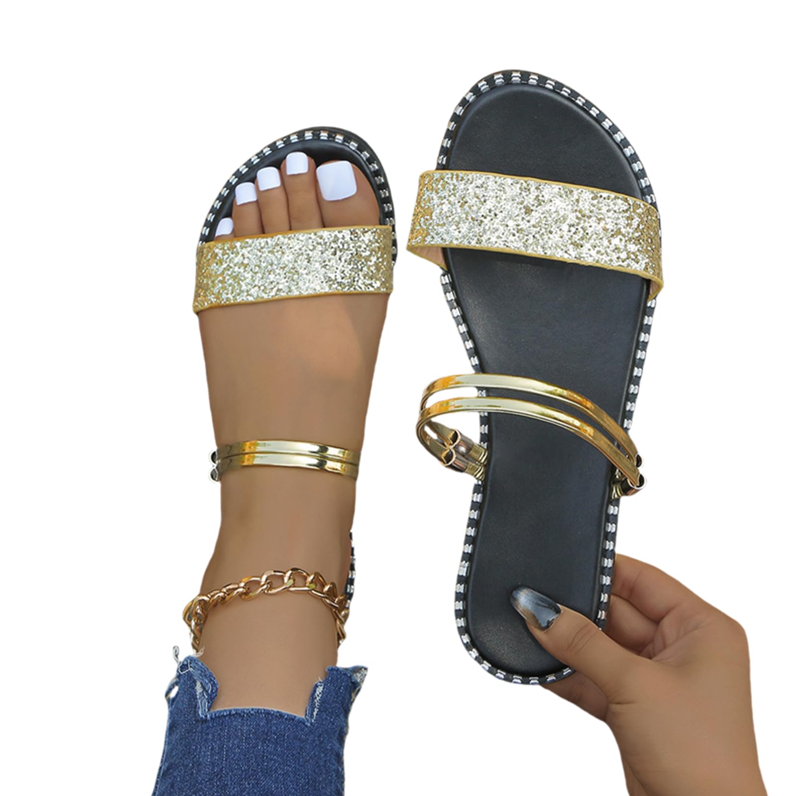 Women's Open Toe Glitter Shiny Flat Sandals Sparkle Rhinestone Casual Fashion Slippers Quick Drying Indoor & Outdoor Slides