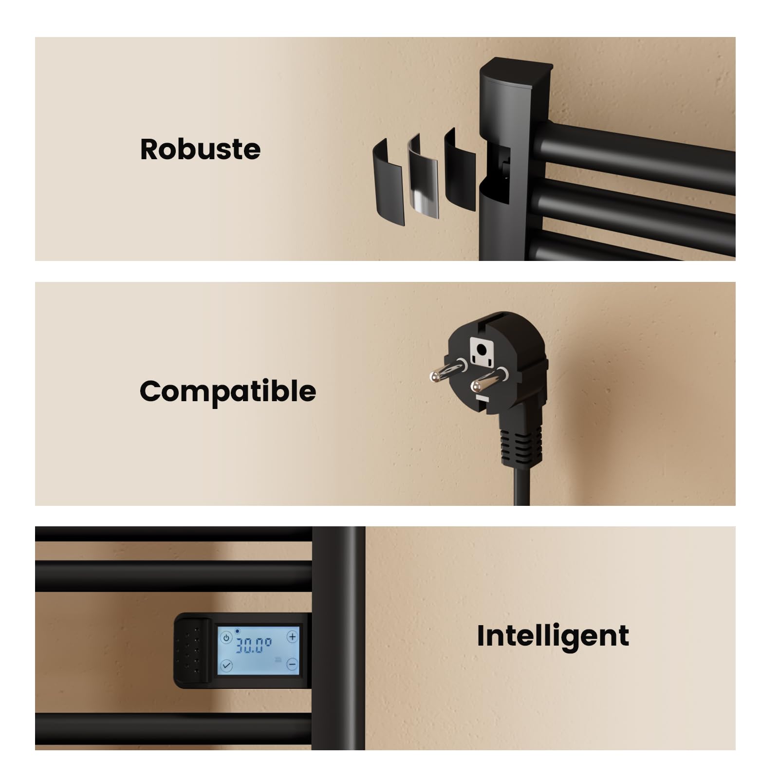 EMKE Sèche-Serviettes Chauffant Électrique 750 x 400 mm, Noir Mat 180 W | Porte-serviettes de salle de bain électrique avec interrupteur tactile et minuterie, sèche-serviettes électrique