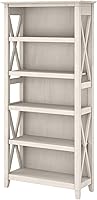 Bush Home Key West Tall 5-Shelf Bookcase - Modern Farmhouse Linen White Oak Bookshelf for Living Room & Home Office