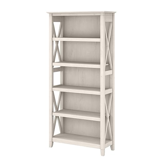 Bush Home Tall 5 Shelf Bookcase for Living Room or Home Office, Large Bookshelf, Modern Farmhouse Style, Key West Collection, Linen White Oak