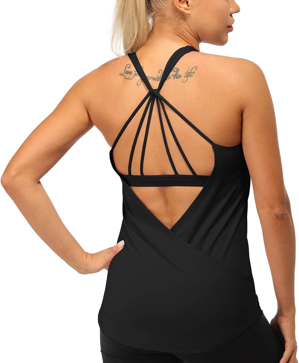 icyzone Built in Bra Workout Tank Tops for Women - Open Back Strappy Athletic Yoga Tops Exercise Running Gym Shirts