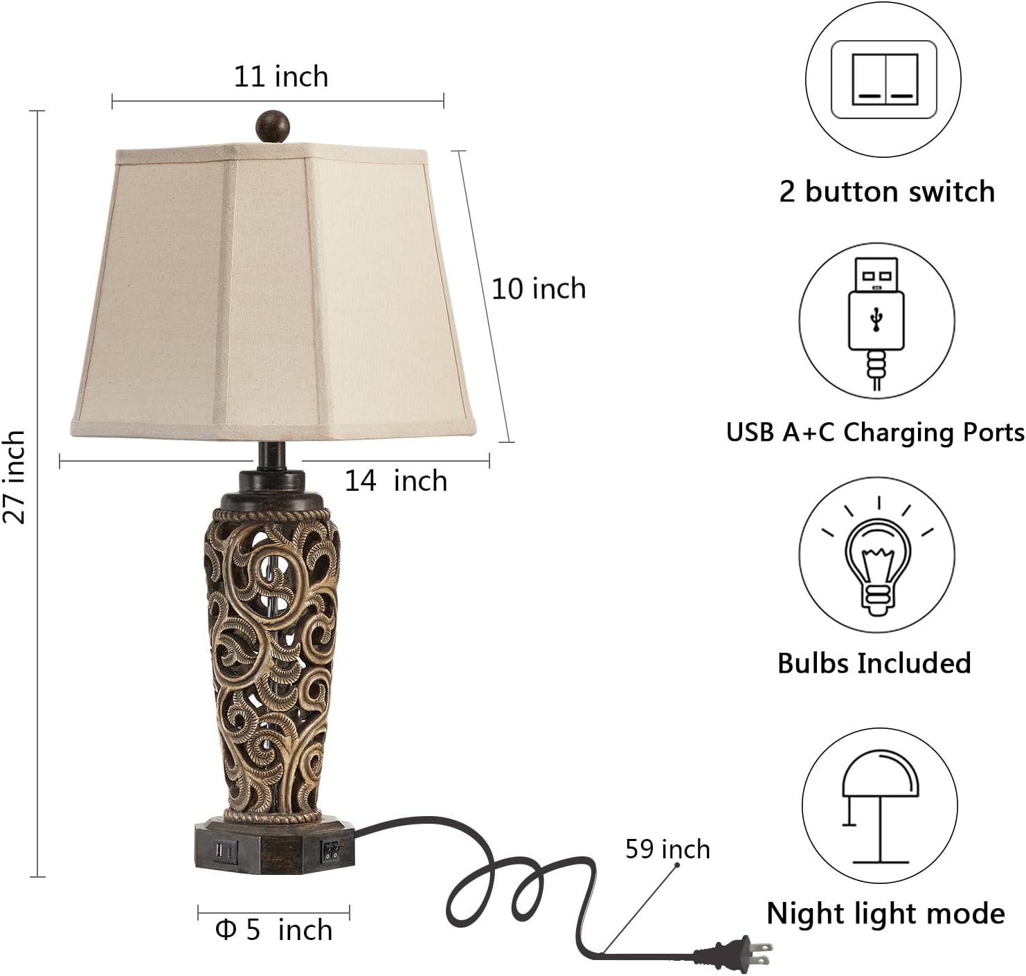 27" Set of 2 Farmhouse Table Lamps for Living Room with USB A+C Ports, Vintage Nightstand Bedroom Lamp and Nightlight, Hollow Out Resin Desk Lamps, 2 Bulbs Include
