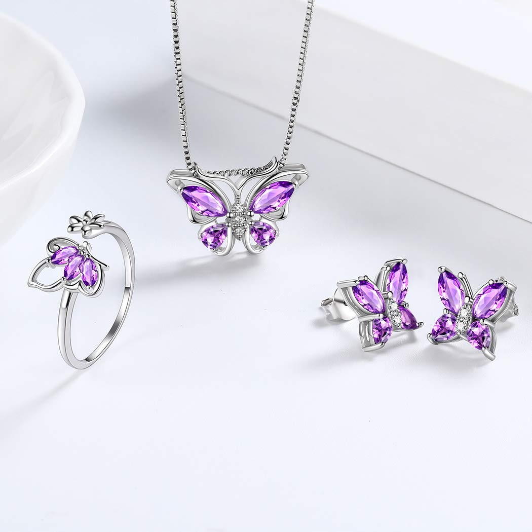 Aurora Tears 925 Sterling Silber Schmetterling Halskette Ohrringe Ringe Birthstone Schmuck Set Anhänger Dating Anhänger Geschenke für Frauen und Mädchen