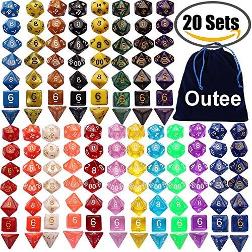 Outee 140 Pcs Polyhedral Dice Set DND Dice 20 Color Complete Dice and Dice Sets for MTG RPG Dice Game with 1 Big Pouch