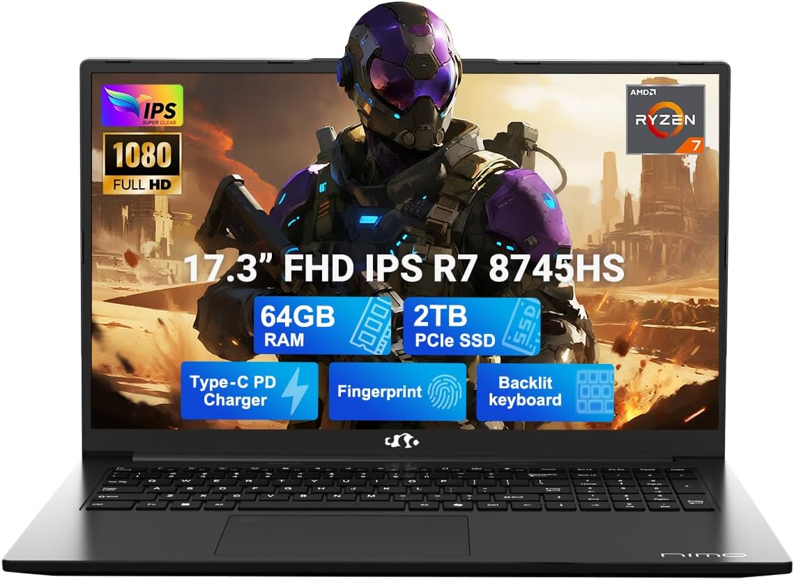 NIMO 17.3" Light-Gaming-Laptop, 8 Cores AMD Ryzen 7 8745HS 64GB DDR5 RAM 2TB SSD (Beat R9 6900HX, up to 4.9GHz) Radeon 780M Graphics IPS FHD Computer with 100W Type-C Fingerprint, Backlit Keyboard