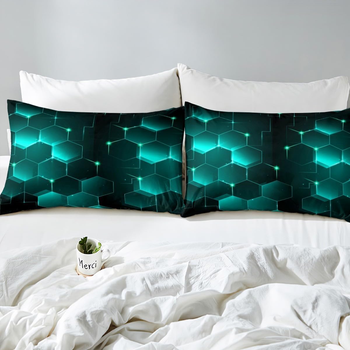 Homemissing Single Black Honeycomb Steel Bedding Set Children's and Preschool Honeycomb Hexagonal Comforter Cover Set Fluorescent Green Duvet Cover Honeycomb Geometric Set Comforter Cover Set Durable - Image 4