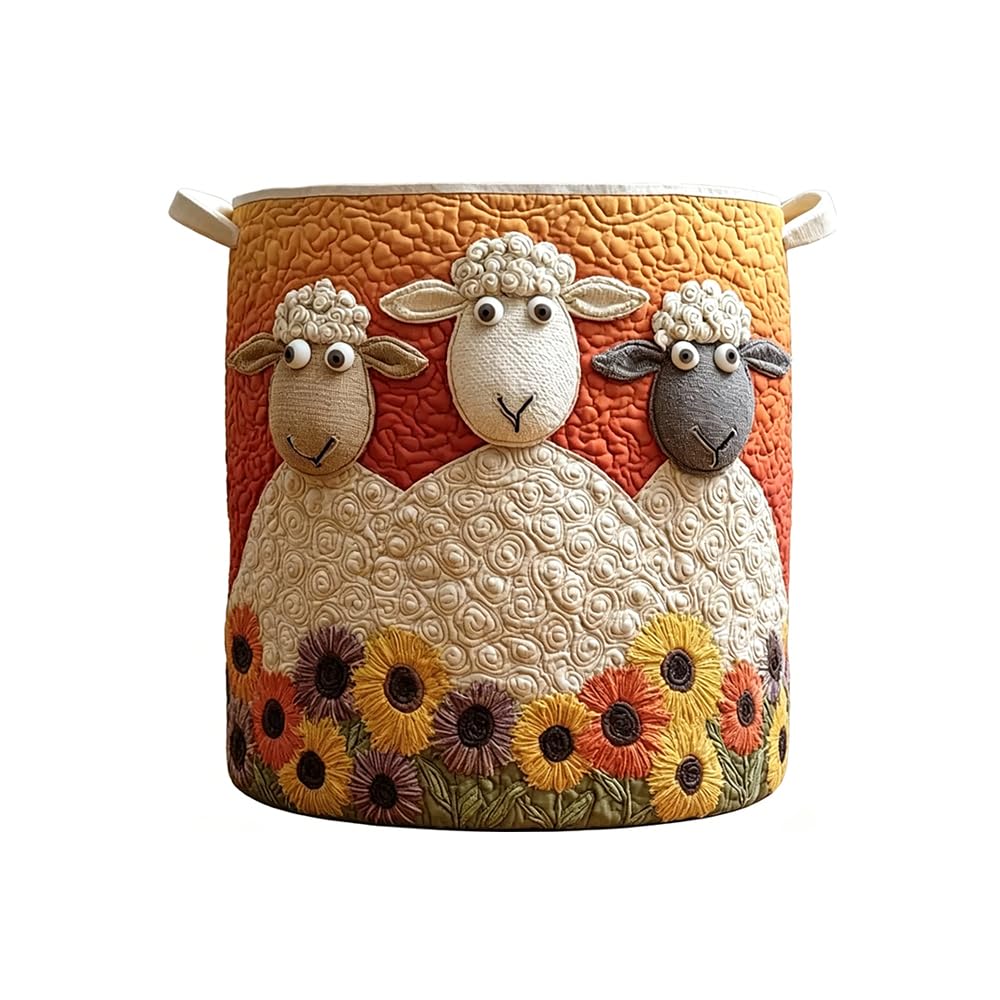 3D Cute Sheep Print Quilted Laundry Basket Home Storage Hamper with Handles (KT33657A01,M)